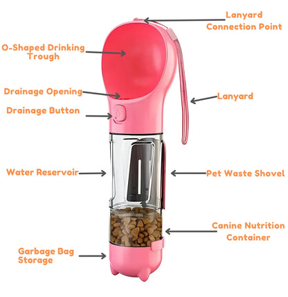 KOMMILIFE Portable Cat Dog Water Bottle Food Feeder Drinker Poop Dispenser 3 In 1 Leak-proof Multifunctional Dog Waterer Bottle Sweet Monkey